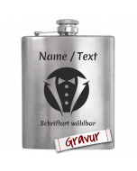 Hochzeitsgeschenk Flachmann Trauzeuge, Einzigartig durch Gravur und Smoking Motiv