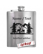 Jäger Flachmann mit Gravur, Motiv Hirsch / Gebirge und Wald