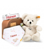 Steiff Lotte Teddybär im Koffer + Mädchen Halstuch Weiß / Blumen, bestickt