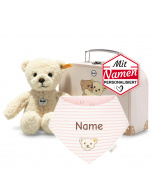 Steiff Mila Teddybär + besticktes Halstuch GOTS Silver Pink im Koffer als Babygeschenk