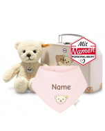 Steiff Mila Teddybär + besticktes Halstuch GOTS Silver Pink Rosa im Koffer