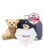 Steiff Ben Teddybär + besticktes Halstuch GOTS Blue im Koffer