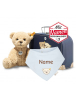 Steiff Ben Teddybär + besticktes Halstuch Blue, Blau einfarbig im Koffer