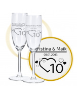 Sektglas mit Gravur zum 10. Hochzeitstag, Herzfunken