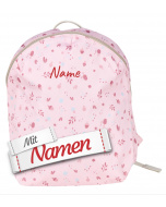 Kindergartenrucksack mit Namen Blume Sterntaler Hase Hanni bestickt in Rosa