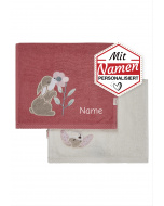 Kinderhandtuch mit Namen Hanni Hase – Sterntaler 2er Set, bestickt, perlrosa-rot und weiß