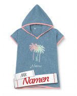 Playshoes Poncho personalisiert – Palmen Frottee-Badeponcho in Blau Rosa, Größe S 1–4 Jahre, Name bestickt