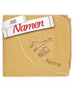 Sterntaler Baby Kapuzenbadetuch mit Namen bestickt Giraffe Kaya und Löwe, Badetuch personalisiert mit niedlicher Applikation für Babys und Kleinkinder, Ocker