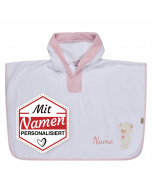 Sterntaler Poncho personalisiert mit Namen – Bär Betty in Rosa Weiß, bestickt für Mädchen
