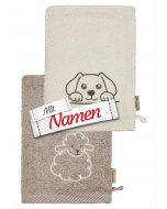Waschhandschuh mit Namen personalisiert Hund – Sterntaler Bauernhof Hund & Lamm, bestickt im 2er Pack