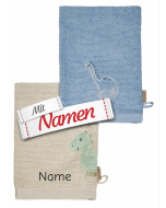 Waschlappen mit Namen bestickt Dino Rexi Dinosaurier – Sterntaler Doppelpack Waschhandschuhe mit Dino-Stickmotiv, Namensstick nur auf grauem Waschlappen