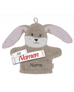 Waschlappen mit Namen Hanni Hase von Sterntaler bestickt – persönlicher Waschhandschuh aus Baumwolle