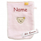Geschenk zur Geburt & Taufe: Steiff Bär Baby Waschhandschuh mit Namen in Rosa, personalisiert, bestickt