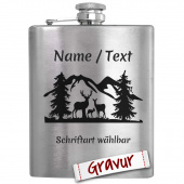 Jäger Flachmann mit Gravur, Motiv Hirsch / Gebirge und Wald