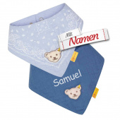 Steiff Baby Halstuch mit Namen bestickt personalisiert (2er Pack), Dreieckstuch Chambray Blue