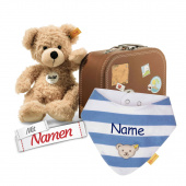 Steiff Fynn Teddybär im Koffer + Halstuch Junge, Blau Sky gestreift, bestickt