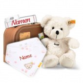 Steiff Lotte Teddybär im Koffer + Mädchen Halstuch Weiß / Blumen, bestickt