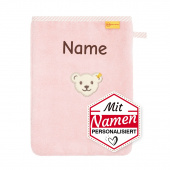 Steiff Bär Waschhandschuh / Waschlappen für Mädchen mit Namen personalisiert, Rosa, bestickt