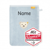 Baby Geschenk personalisiert: Steiff Bär Waschhandschuh mit Namen, Geburt und Taufe, bestickt