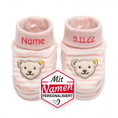 Steiff Erste Babyschuhe mit Namen + Datum, GOTS Rosa, Mädchen Geschenk zur Geburt personalisiert