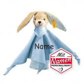 Steiff Bio Schmusetuch mit Namen, Hoppel Hase Blau, Geschenk personalisiert zur Geburt & Taufe, bestickt