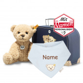 Steiff Ben Teddybär + besticktes Halstuch Blue, Blau einfarbig im Koffer