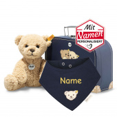 Steiff Ben Teddybär + besticktes Halstuch GOTS Navy uni im Koffer