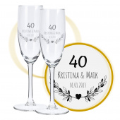 Sektglas mit Gravur zum 40. Hochzeitstag, Blumenherz