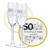 Sektglas mit Gravur zum 50. Hochzeitstag, Blumenkuss