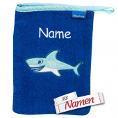 Playshoes Kinder Hai Waschhandschuh mit Namen bestickt, Mitbringsel Geschenk, Junge