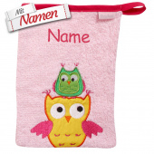 Baby Waschhandschuh Eule mit Namen in Rosa für Mädchen, Bestickt, Geschenk zur Geburt / Taufe