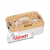 Brotdose Kinder mit Namen graviert, Lässig Happy Prints, Edelstahl mit Bambusdeckel