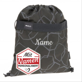 LÄSSIG Lässig Sportbeutel mit Namen personalisiert, Kinder Turnbeutel mit Rucksackfunktion – bestickt für Schule und Sport, Schwarz / Grau