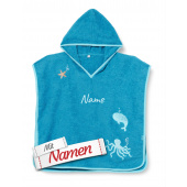 Playshoes Kinder Poncho personalisiert, Kinder Meerestiere Badeponcho in Türkis, mit Namen bestickt, Größe S bis ca. 4 Jahre
