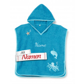 Playshoes Poncho personalisiert – Kinder Meerestiere Frottee-Badeponcho in Türkis, Größe L ab 4 Jahre, mit Namen bestickt