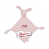 Schmusetuch personalisiert mit Namen, Hase Rosa, Schnuffeltuch mit Schnullerhalter