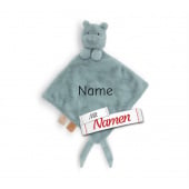 Schmusetuch personalisiert mit Namen, Nilpferd Happy, Schnuffeltuch mit Schnullerhalter