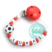 Schnullerkette mit Namen: Handmade Fußball, Rot / Weiß Schnullerhalter, Jungen Geschenk zur Geburt