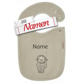 Sterntaler Lätzchen Löwe Leo mit Namen bestickt, wasserdicht, 38 x 26 cm Steingrau