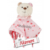 Sterntaler Schmusetuch mit Namen bestickt, Bär Betty für Mädchen in Rosa mit Rassel und Entdecker-Knoten