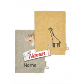 Sterntaler Waschhandschuhe mit Namen bestickt – Doppelpack Giraffe, grau & farbig
