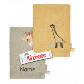 Sterntaler Waschhandschuhe mit Namen bestickt – Doppelpack Giraffe, grau & farbig