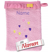 Waschhandschuh mit Namen bestickt, Herzen und Rüschen, Waschlappen für Baby, Mädchen