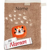 Waschhandschuh mit Namen bestickt, Löwe auf Braun, Waschlappen für Baby und Kinder