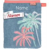 Waschhandschuh mit Namen bestickt, Palmen auf Blau, Waschlappen für Baby und Kinder