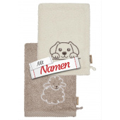 Waschhandschuh mit Namen personalisiert Hund – Sterntaler Bauernhof Hund & Lamm, bestickt im 2er Pack