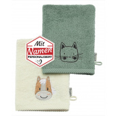 Waschhandschuh mit Namen personalisiert – Sterntaler Bauernhof Pferd & Katze, bestickt im 2er Pack