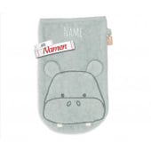 Waschlappen Baby personalisiert mit Namen, Waschhandschuh Nilpferd Happy aus Frottee