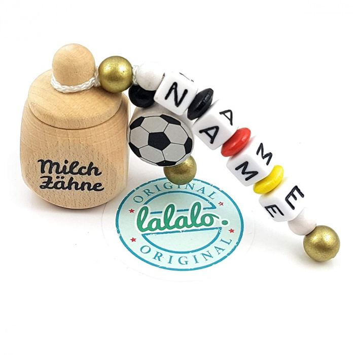 Milchzähne Holz-Zahndose mit Namenskette personalisiert in Schwarz Rot Gold, Fußball