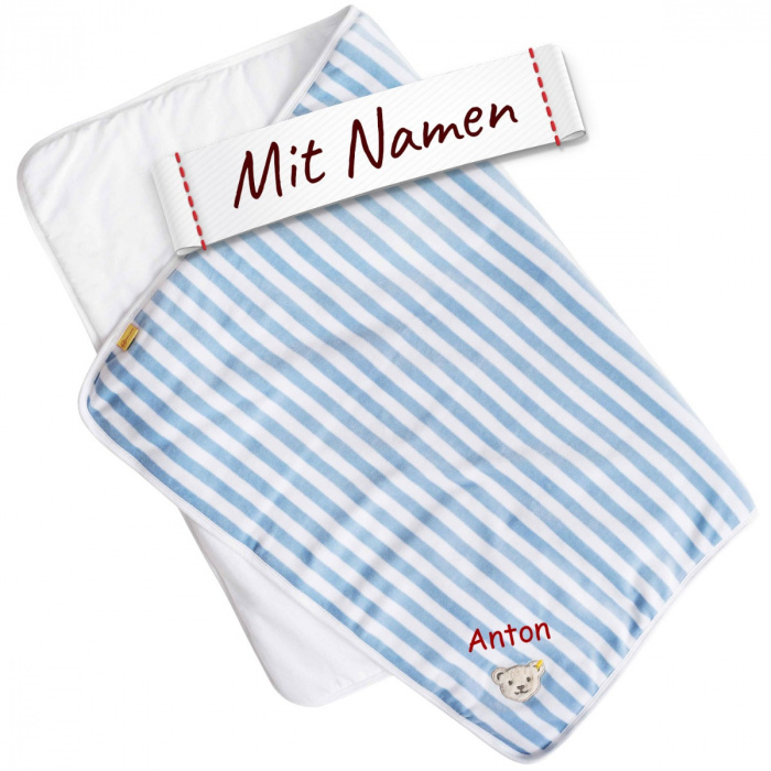 Steiff Bär Babydecke Gestreift, Hellblau, bestickt